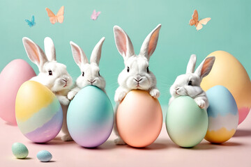 White fluffy bunnies sits on a color background next to eggs. Easter rabbits on colorful background. Cute pet studio shot. Generative Ai