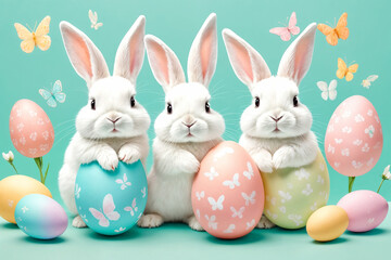 Fototapeta premium White fluffy bunnies sits on a color background next to eggs. Easter rabbits on colorful background. Cute pet studio shot. Generative Ai