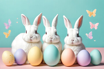 Obraz premium White fluffy bunnies sits on a color background next to eggs. Easter rabbits on colorful background. Cute pet studio shot. Generative Ai