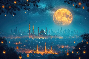 Ramadhan Kareem Splendor Lanterns and Mosque Background in Light Navy and Gold