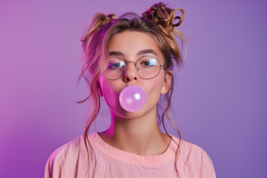 girl with chewing gum on a pink background with glasses. , Stylish pretty young 20s fashion teen girl model wear glasses blowing bubble gum winking looking at camera stand at purple studio background,