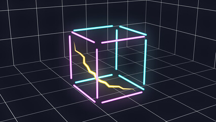 Abstract 3d neon glowing futuristic geometric cube illustration isolated on grid background.