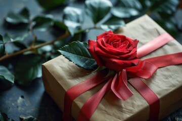 Valentine's gift box with red ribbon and rose