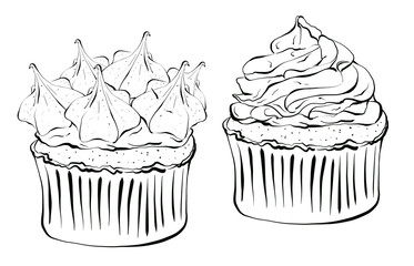 Set of Cupcakes graphic drawing. Hand drawn illustration isolated on white background. Icon for logo or menu of cafe and restaurant