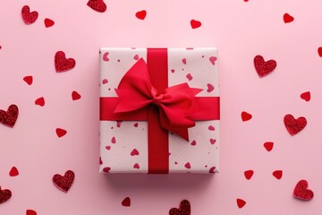 Pink gift box with red bow on pink background