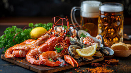  Seafood consists of assorted seafood on a plate with a wooden background