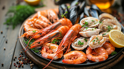  Seafood consists of assorted seafood on a plate with a wooden background