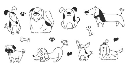 Doodle sketch line art animal dogs puppy characters hand drawn isolated set. Vector graphic design element illustration