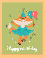 Happy birthday animal princess invitation greeting card concept. Vector flat graphic design cartoon illustration
