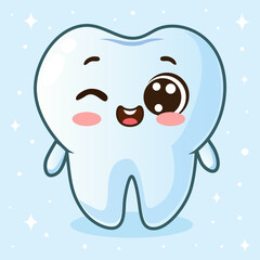 Cute tooth character winks in cartoon style. Dental personage vector illustration. Illustration for children dentistry. Happy tooth icon