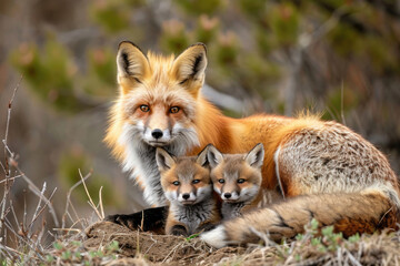 Naklejka na ściany i meble A red fox family shares a tender bonding moment in their cozy den