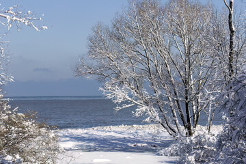 Snowy and frozen shores of Lake Michigan