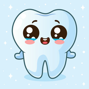 Cute tooth character in cartoon style. Dental personage vector illustration. Illustration for children dentistry. Happy tooth icon. 