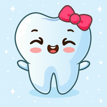 Cute tooth girl character with red bow in cartoon style. Dental personage vector illustration. Illustration for children dentistry. Happy tooth icon.