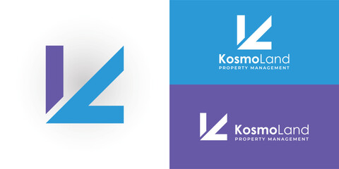 abstract initial letter K and L logo in blue color isolated in white background applied for property management company logo design presented with multiple background colors.