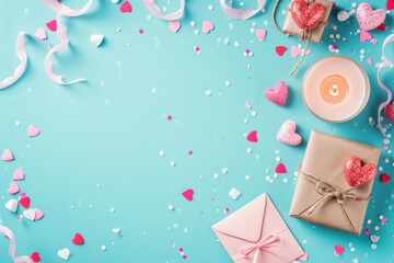 Fototapeta premium Valentine's Day concept with gifts, candle, confetti, and envelope