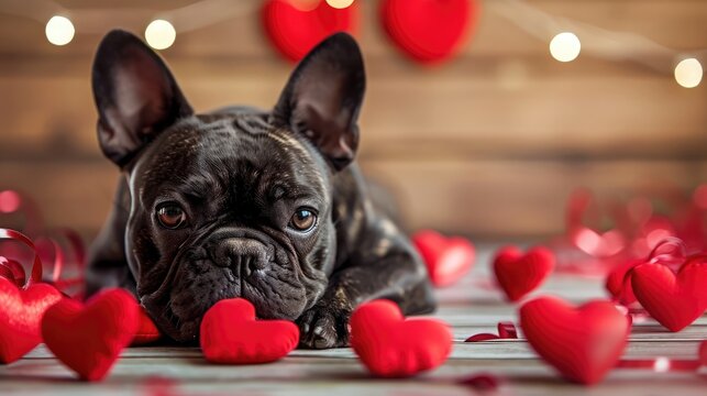 French bulldog pets adorned with Valentine's Day themed decorations, showcasing animals in a festive and loving setting, possibly with heart-shaped accessories or surrounded by romantic motifs.