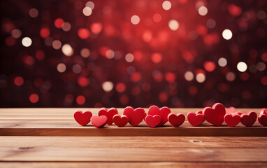 Empty wood table Valentine's Day red background with heart's Generated AI