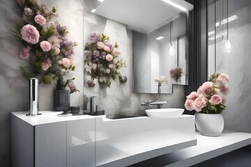 Bathroom in a modern luxury house. Bathroom counter with sink and beautiful flowers. AI generated -