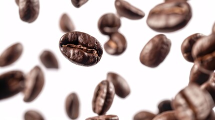 Close-up of airborne coffee beans against a white backdrop.