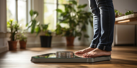 monitoring weight and progress towards fitness goal Close up of barefoot woman in jeans standing on a weight electronic scales in the living room a moment of self assessment for body wellness.
