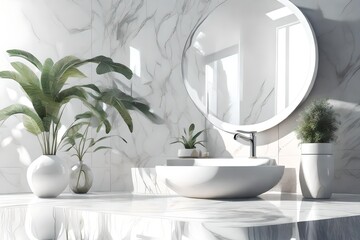White bathroom interior design, round washbasin, dispenser and plant on white marble counter with round mirror in modern minimalist style 3d illustration. 