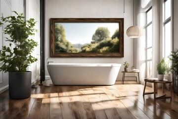 a mockup picture frame on a lovely wall over the bathtub in the bathroom with a planter, furnished with cozy furnishings on a wooden floor, Generative AI-