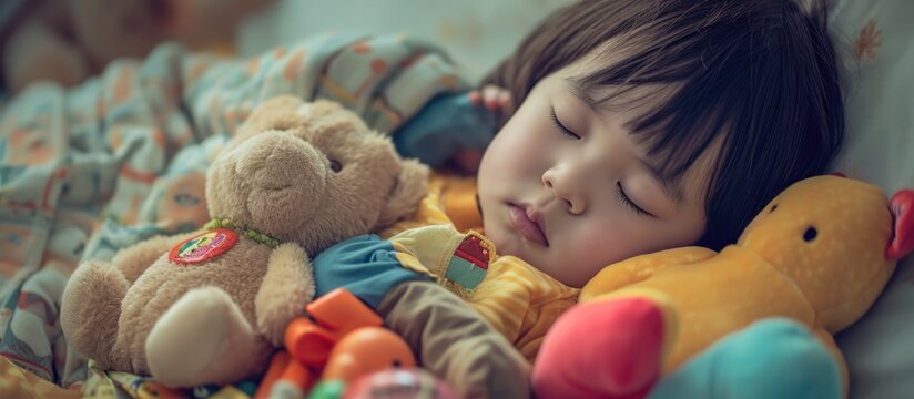 Child sleeping with playthings