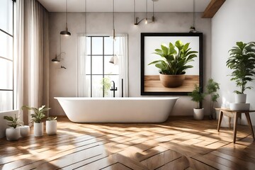 Fototapeta na wymiar a mockup picture frame on a lovely wall over the bathtub in the bathroom with a planter, furnished with cozy furnishings on a wooden floor, Generative AI-
