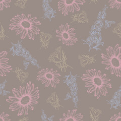 Seamless botanical pattern on beige background. Vector multicolored pattern with hand-drawn floral elements