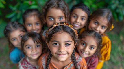 Fototapeta premium Joyful Indian youngsters in a circle, gazing at the camera in a summer park. Cheerful Asian kids in a garden, seen from above. Background.
