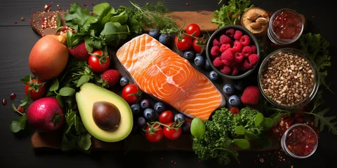 Poster Ingredients of a healthy diet meal plan protein fat Fresh seafood fillet with grilled with organic fruit and vegetable variation on wood table and lemon slice variation Healthy food clean eating. © Fatima