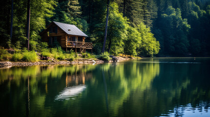 Fototapeta na wymiar Beautiful tranquil water side landscape with boat and small cabin