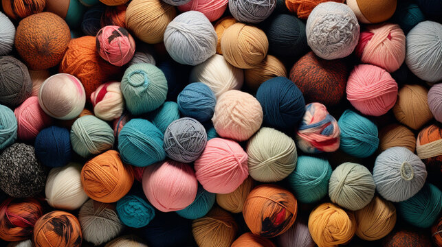 Many balls of yarn background texture, generative AI