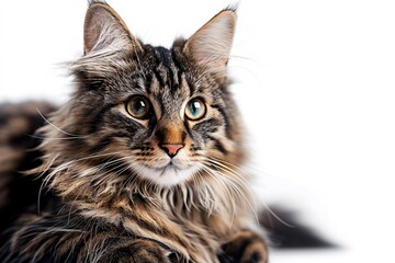 Long-haired feline gazing to the side, full-body shot on a blank background.