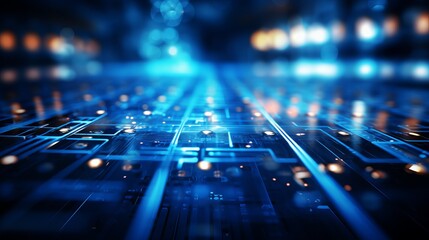 Blurred bokeh background with abstract technology components and dynamic light streaks