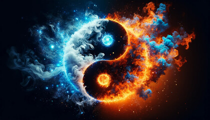 Yin and Yang symbol in fire and ice with smoke and spark effect - obrazy, fototapety, plakaty