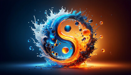 Water splash with yin and yang symbol. Fire and ice color cencept.