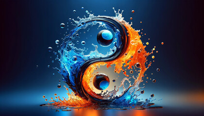 Water splash with yin and yang symbol. Fire and ice color cencept.