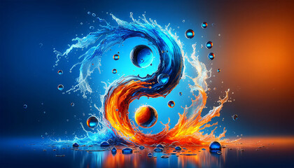 Water splash with yin and yang symbol. Fire and ice color cencept.
