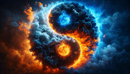 Yin and Yang symbol in fire and ice with smoke and spark effect - obrazy, fototapety, plakaty