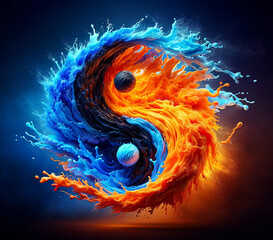 Water splash with yin and yang symbol. Fire and ice color cencept.