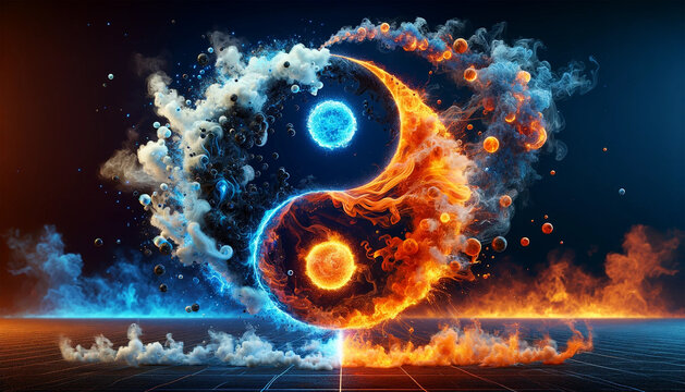 Yin and Yang symbol in fire and ice with smoke and spark effect