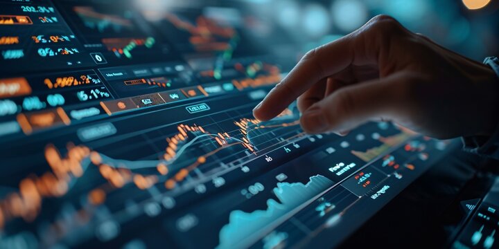 Interactive virtual display of trade market with stock prices and candlestick chart, moving averages, and rising earnings, all controlled by user's touch.
