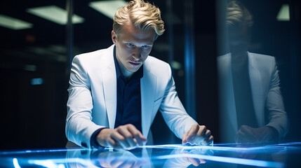 People working in Futuristic holographic work environment interface