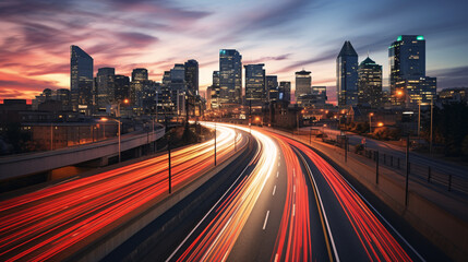Obraz premium Metropol city by night with cars leaving light trails 