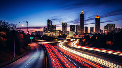 Fototapeta premium Metropol city by night with cars leaving light trails 