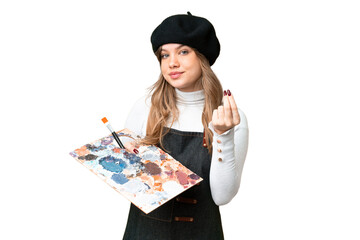Young artist girl holding a palette over isolated chroma key background making money gesture