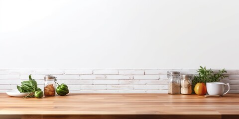 Versatile wood table top for showcasing or arranging food on white brick wall.