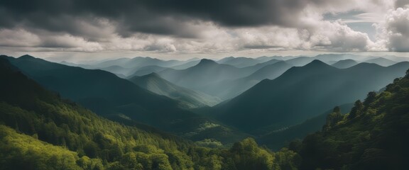 Amazing wild nature view of layer of mountain forest landscape with cloudy sky.  - Powered by Adobe